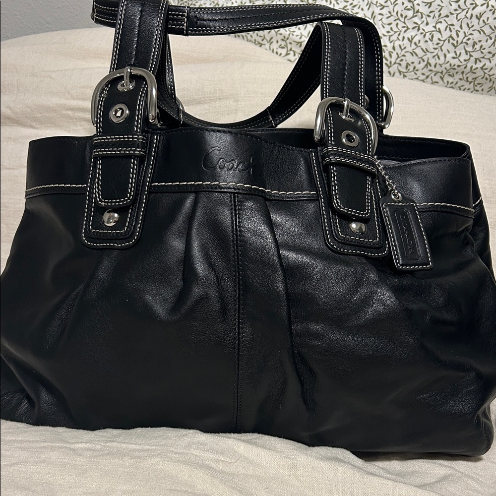 Coach Black Leather Tote with Silver Accents